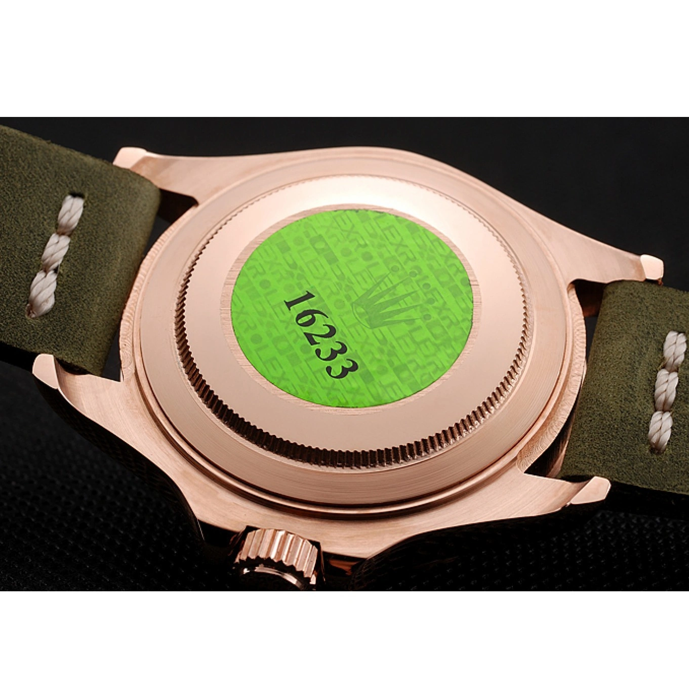 MiroTime 1013 Rolex Yacht Master Black Dial Green Bezel Rose Gold Case Green Leather Bracelet 1453862